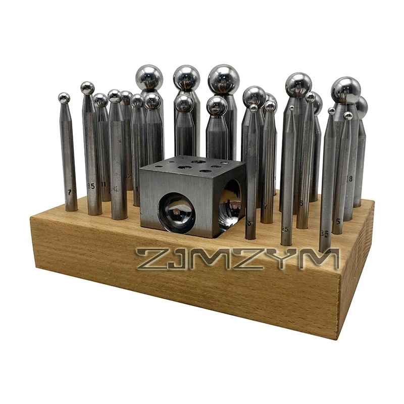 25Pcs High Quality Steel Dapping Punch Doming Block Punches Kit for Jewelry Metal Round Beads Forming Making with Wooden Base