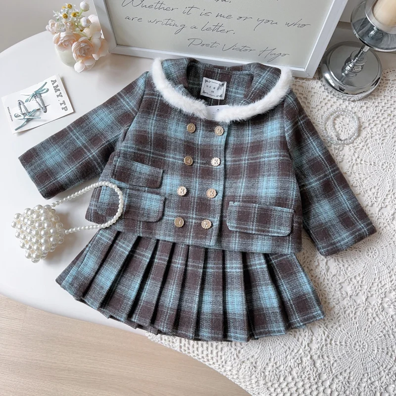 

New Girls' College Style Winter Suit Thickened for Baby Girls2025Warm Coat and Pleated Skirt Two-Piece Set