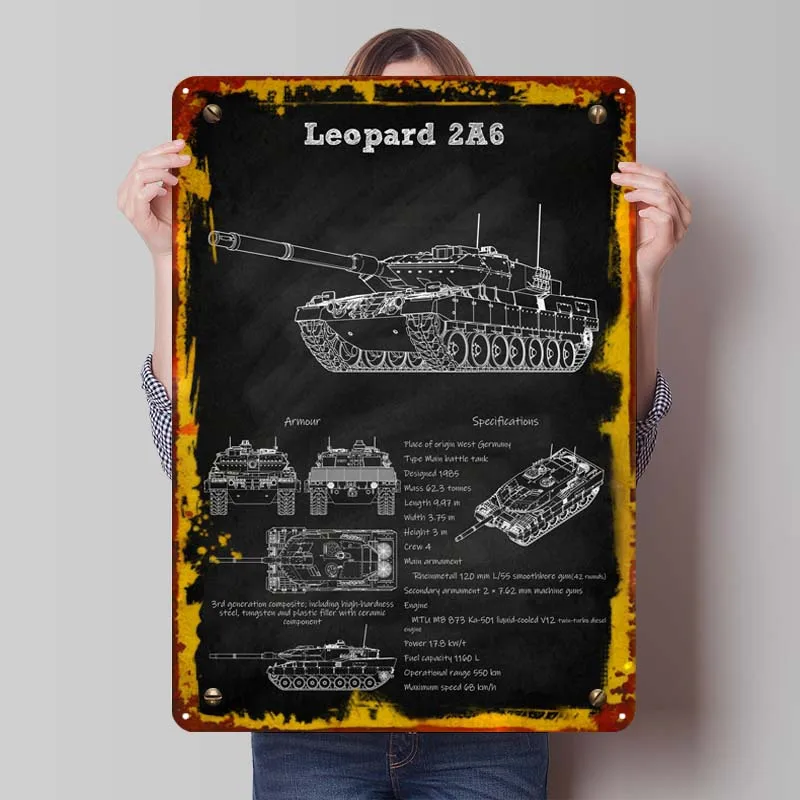 Leopard 2A6 Tank Germany Blueprints Metal Poster Vintage Room Decor Men Custom Metal Tin Signs for Wall Art Decoration Retro