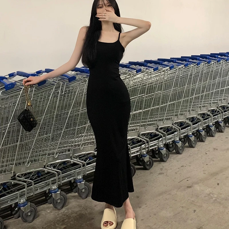 Women's Sling Long Fishtail Dress Sexy Tight-fitting Dress Two Lines Chic Dress