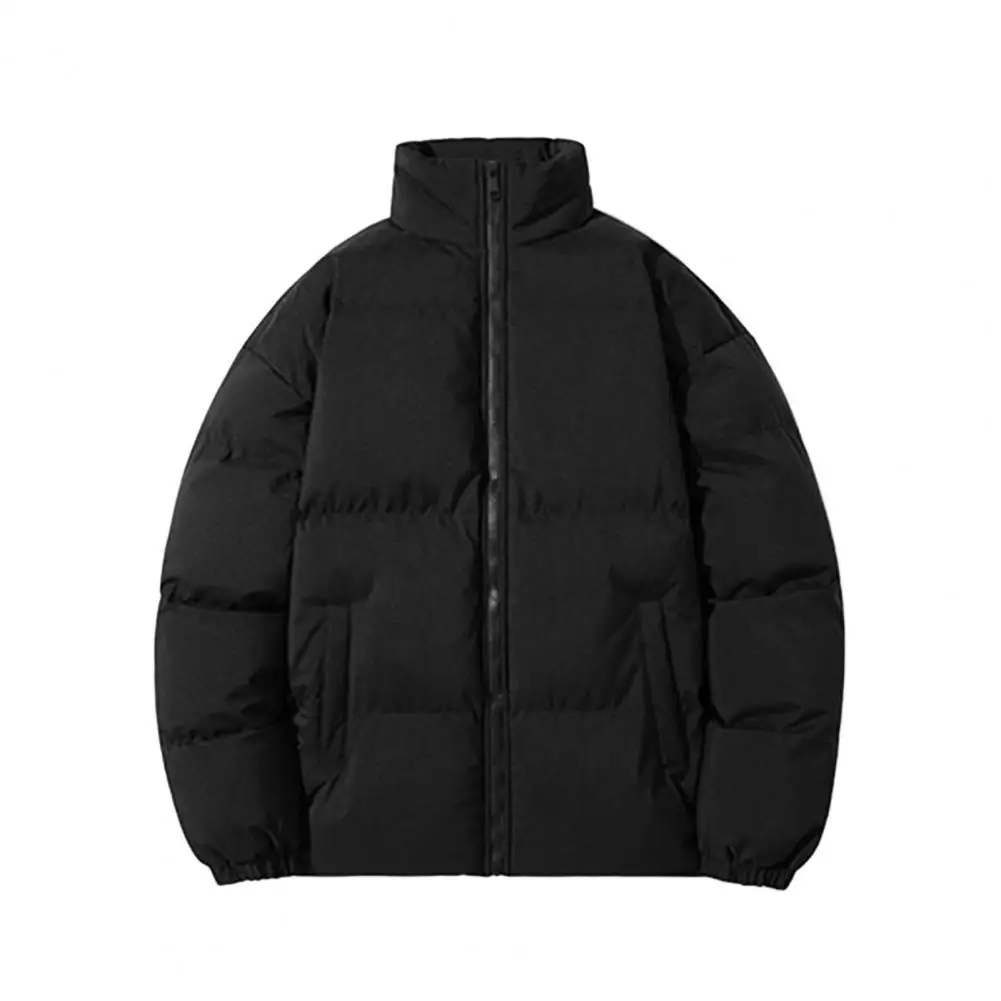 Men Winter Cotton Jacket Men\'s Stand Collar Cotton Down Coat with Zipper Placket Pockets Solid Color Quilted Outwear for Winter