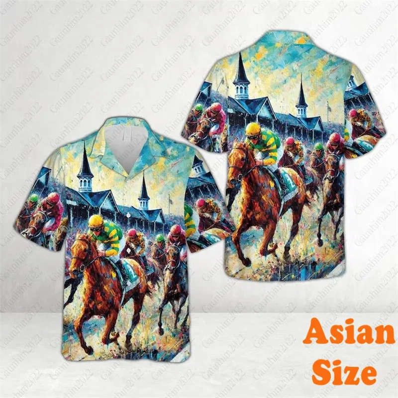 Fashion Horse Race All Over Print Shirts Men's Clothing Street Graffiti Design Harajuku Trend Short Sleeve Asian Size Blouse