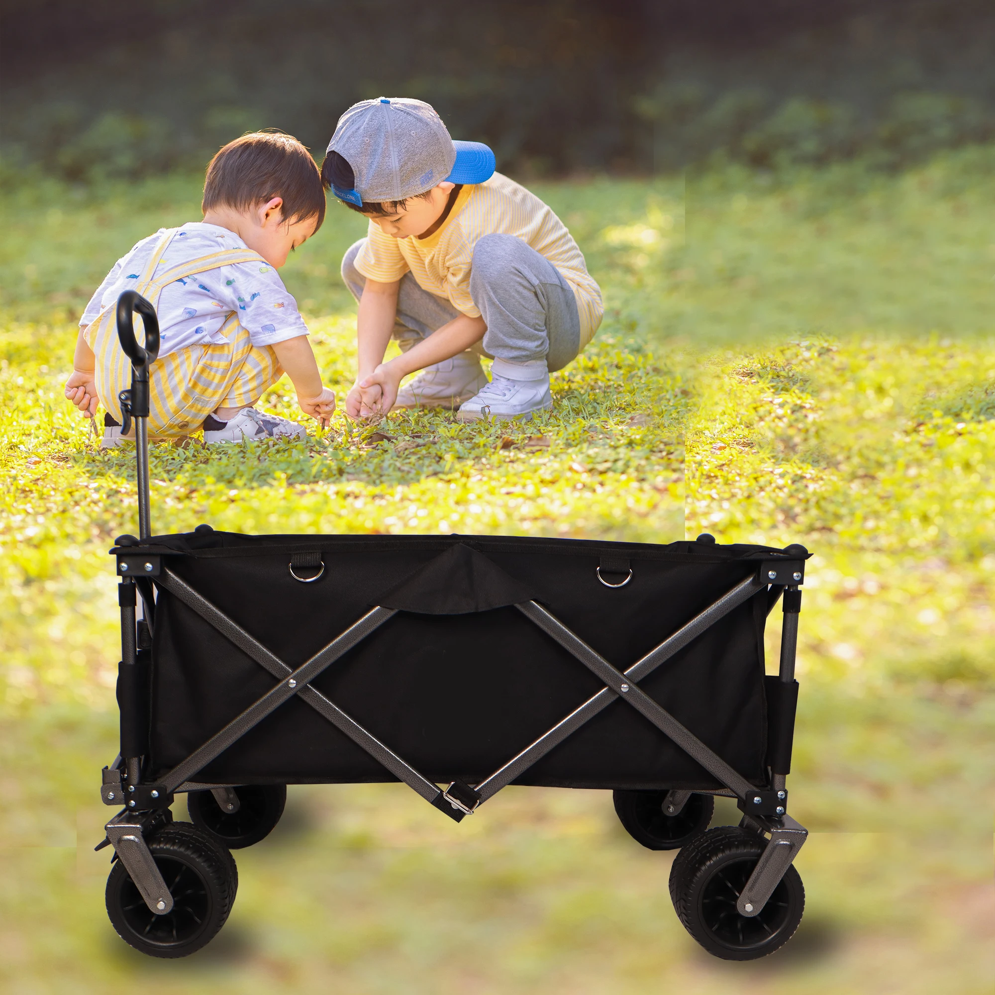 Folding Wagon, Heavy Duty Utility Beach Wagon Cart for Sand with Big Wheels, Adjustable Handle&Drink Holders for Shopping, Campi