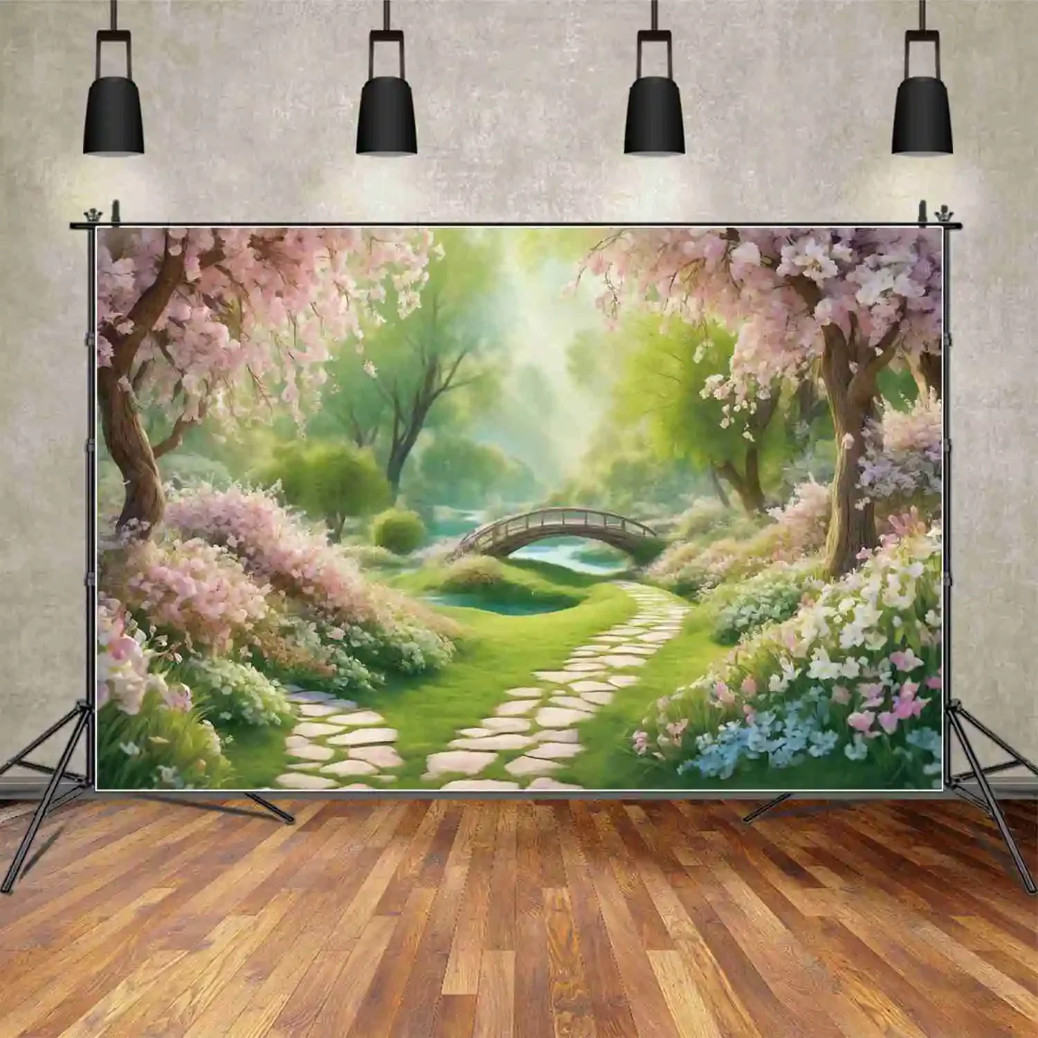 MOON.QG Spring Photography Background Natural Scene Fairy Party Photo Backdrop Forest Cherry Blossom Pathway Park Shooting Props