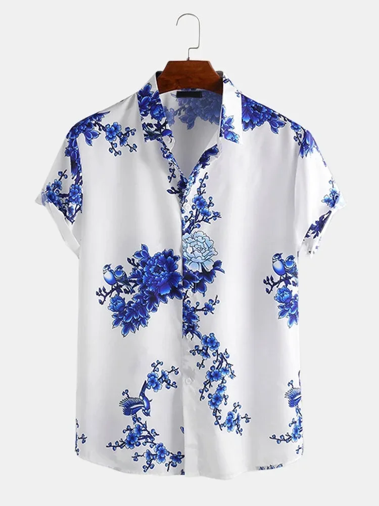 

European and American Men's Printed Shirt Southeast Asian Casual ink Painting Plum Blossom Short Sleeved Lapel Shirt S-3XL