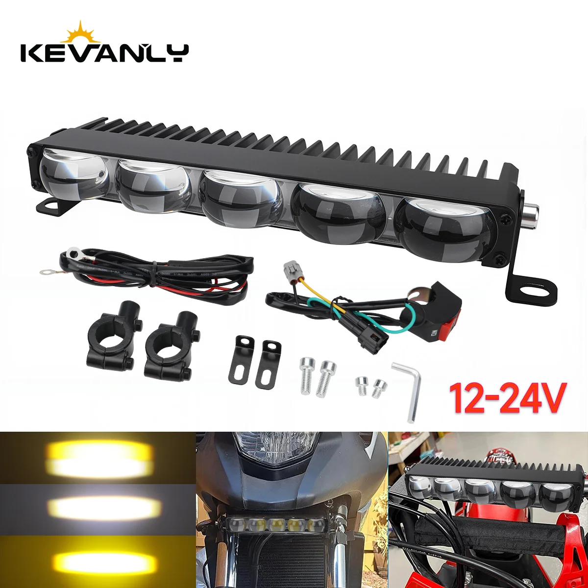 

5 Lens Motorcycle Headlight Handlebar LED Light Bar Set 12-24V Spotlight LED With switch Kit Fits Most Handlebars White Yellow