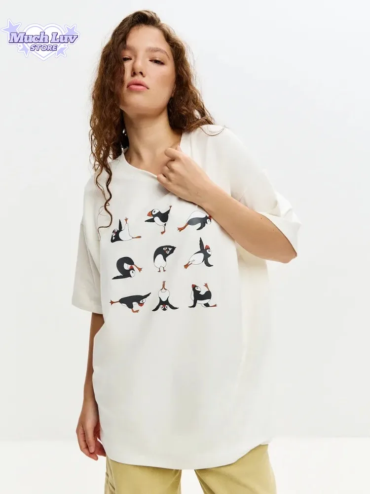 

Penguin Yoga Printed T-shirt 100% Cotton T-shirt Women's Clothing Summer Fashion Casual Comfy Commute Short Sleeve Top Y2k Tee