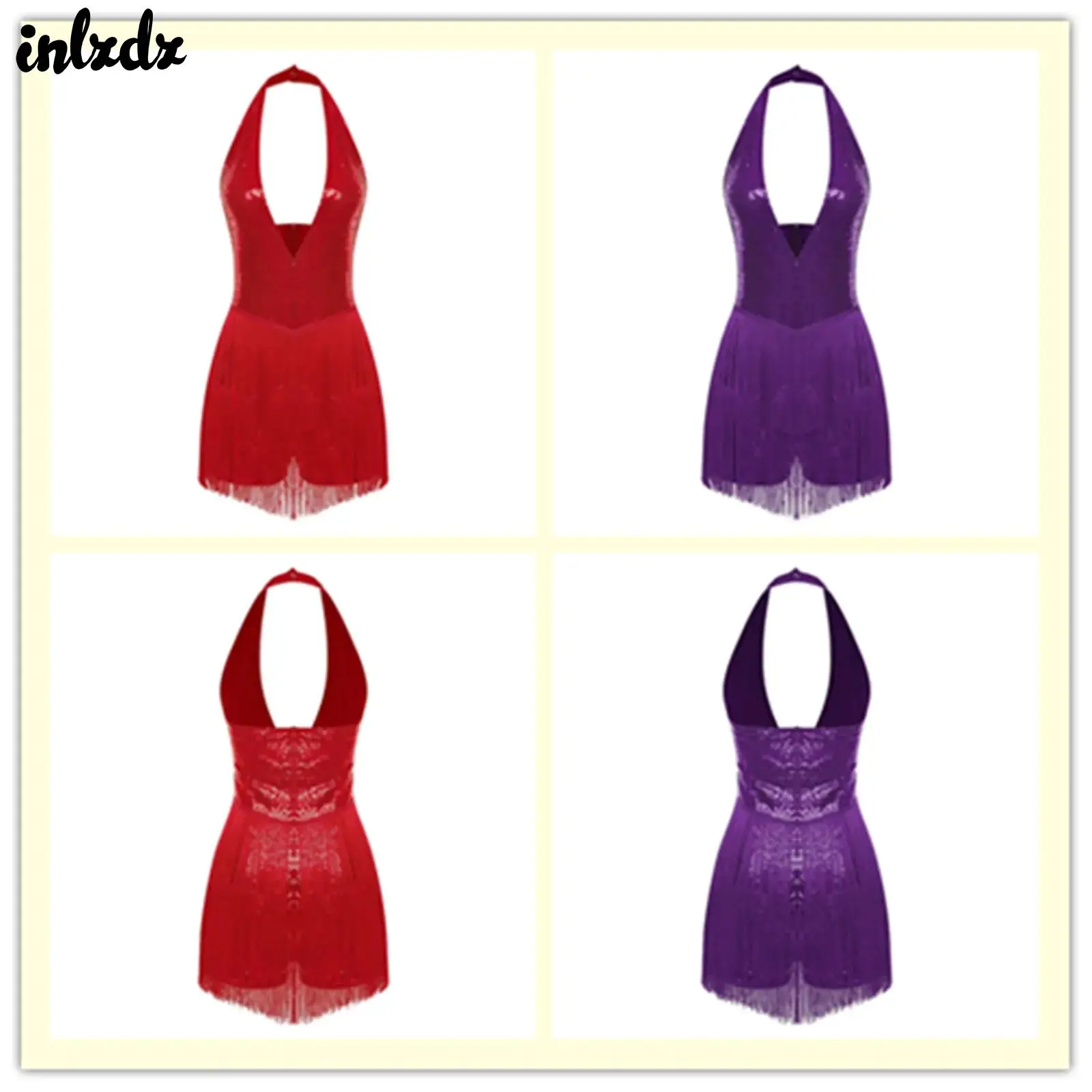 

Womens Disco Party Playsuit Glittery Sequin Bodysuit Rompers Halter Plunging Backless Tiered Tassel Fringe Jumpsuit Clubwear