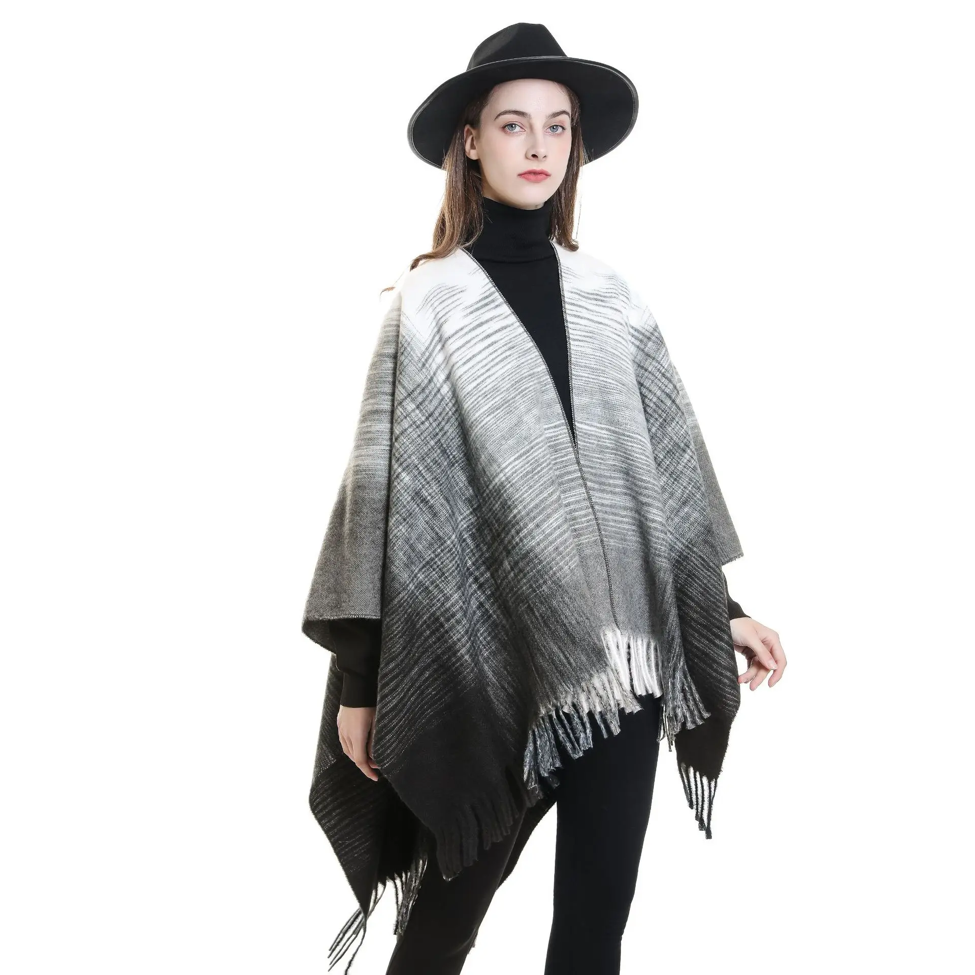 36 Gradient Colors Shawl Capes Printed Plaid Cardigan Loose Poncho Blanket Women Faux Cashmere Cloak Big Pendulum Out Streetwear