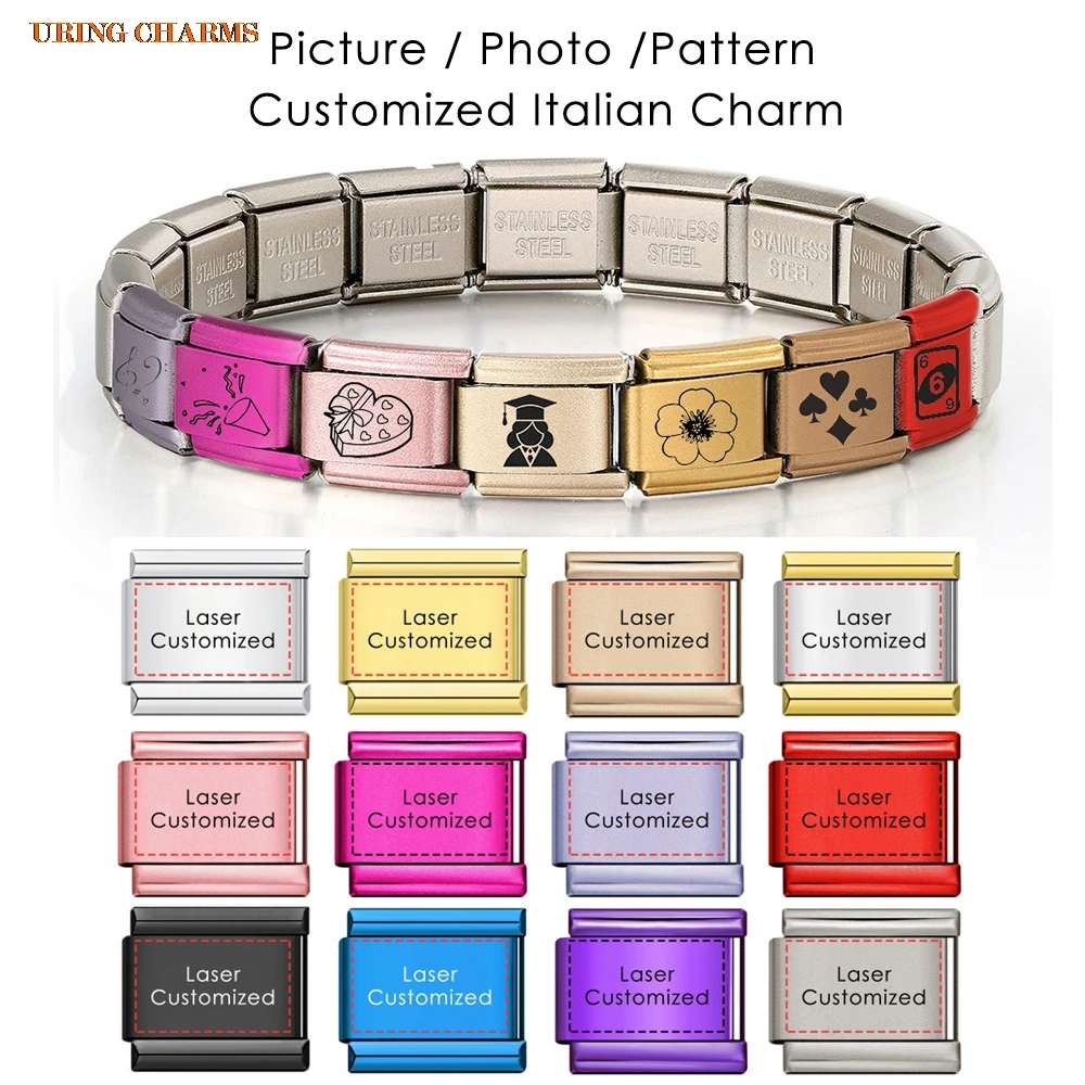 Pink Purple Red Link Laser Engrave Pattern Logo Word Personal Customization Italian Charm Fit 9mm Stainless Steel Beads Bracelet