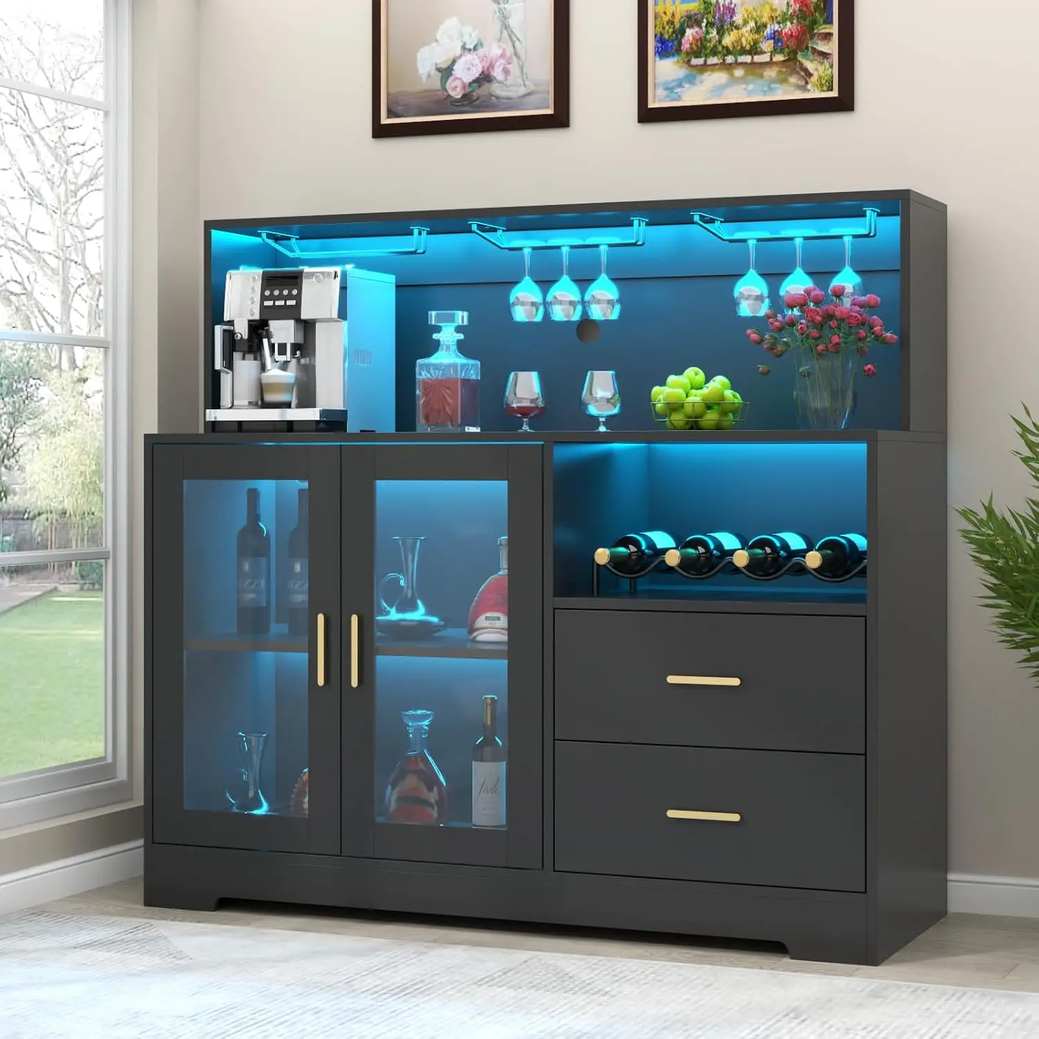 Mueble de bar para el hogar con luz LED, mueble de cafetería con estante para vino y copas, gabinetes para vino con cajones y soporte para microondas