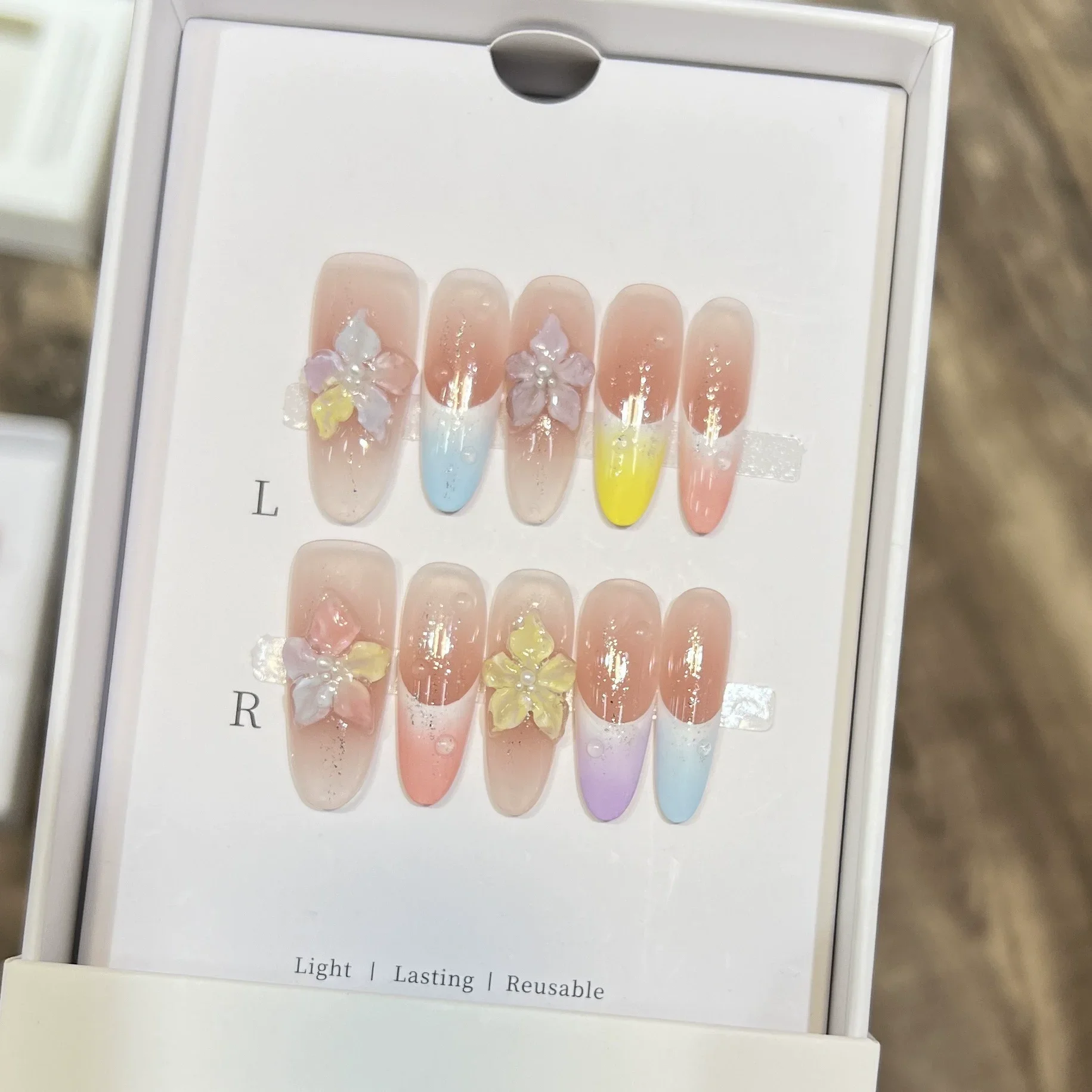 10 Uds. De flores coloridas con borde francés, arte de manicura largo con Color desnudo, gradiente elegante de verano, cubierta completa usable, prensa en las uñas