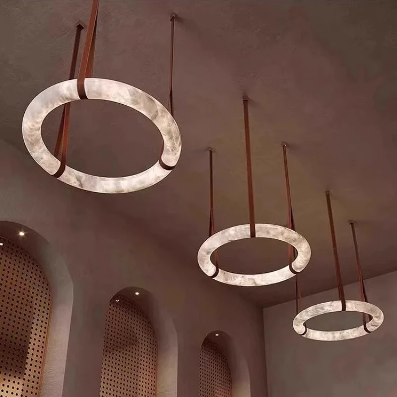 2025 modern Ring Band White Natural Marble chandelier Belt Buckle Ceiling Height adjustable lustre RC dimming for living room