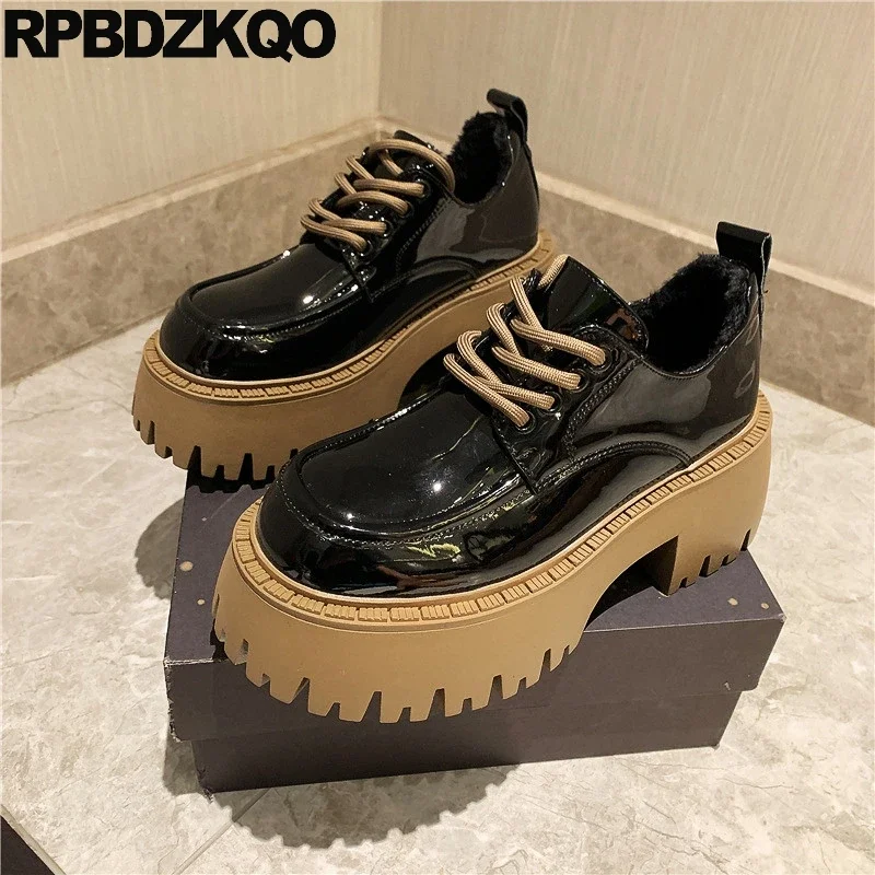 

Shoes Oxfords Japanese School Lace Up Block Fur Lined Round Toe Patent Leather Harajuku Women Platform Derby High Heels Pumps