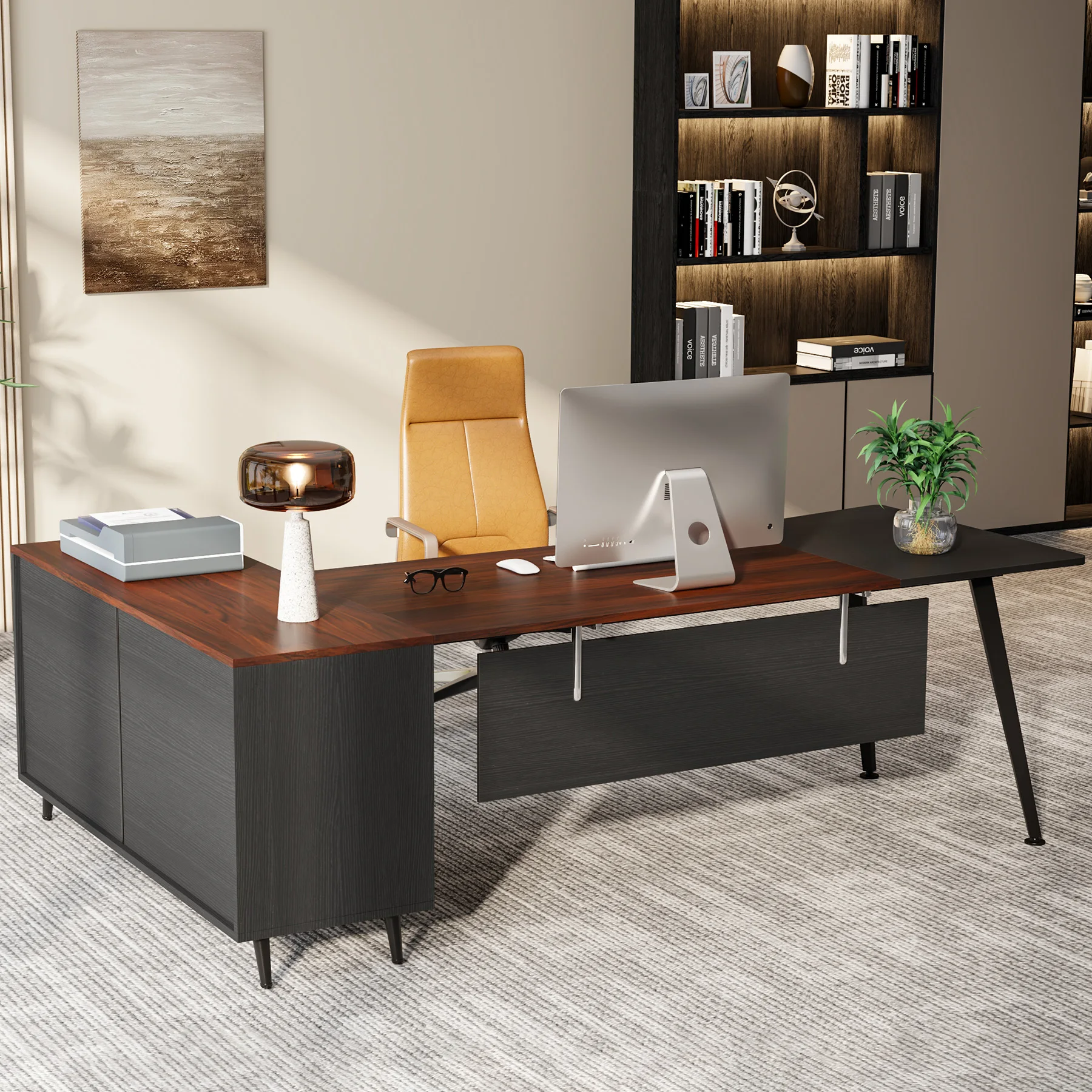 Tribesigns 87” Extra Large Executive Desk with 51” File Cabinet, L-Shaped Office Desk, Business Furniture Set