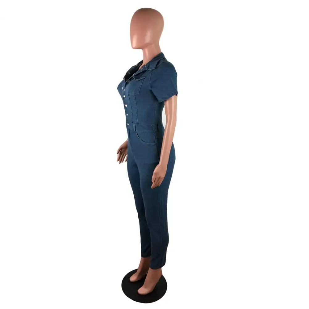 

Women Elegant Denim Jumpsuits V-neck Short Sleeve High Waist Sexy Lady Fashion Street Slim Pants Jeans Rompers