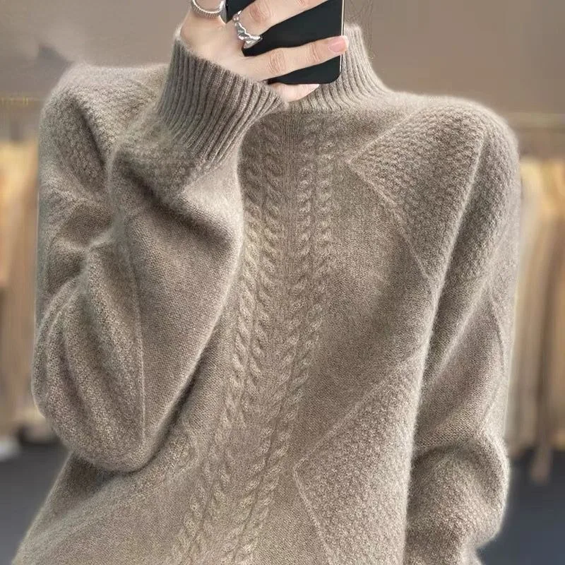 

2023 Autumn and Winter New Half High Collar Woolen Sweater Women's Thickened Cashmere Knitted Underlay Sweater Warm Pullovers