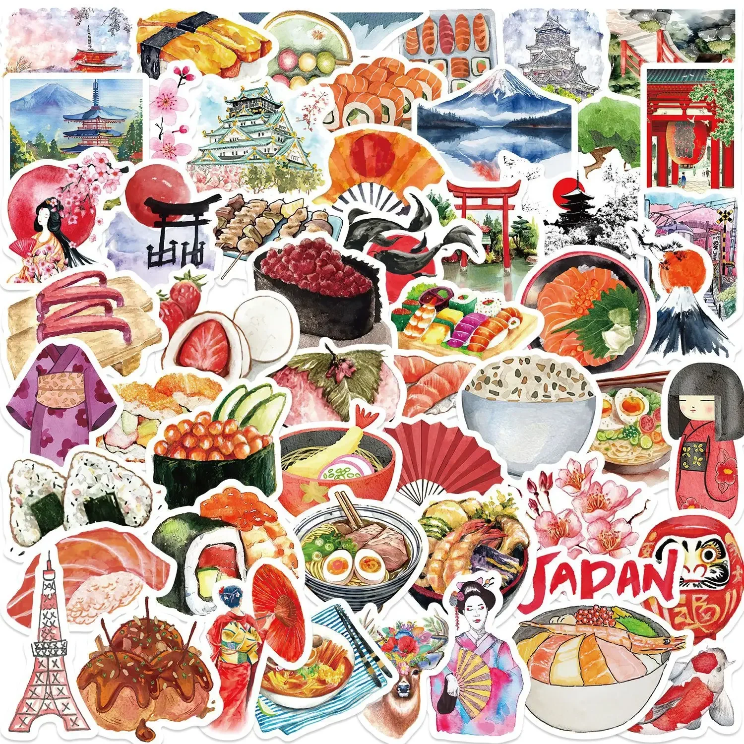 64PCS Cartoon watercolor trip to Japan sticker graffiti Sticker Aesthetic Children's Korean Decoration Scrapbooking Stationery