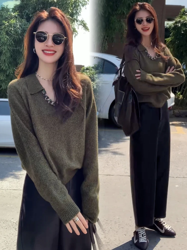 Luźny sweter damski, modny styl chinoiserie, swobodny strój codzienny, średnio gruby, dekolt w serek, długi rękaw, oddychający, wygodny.