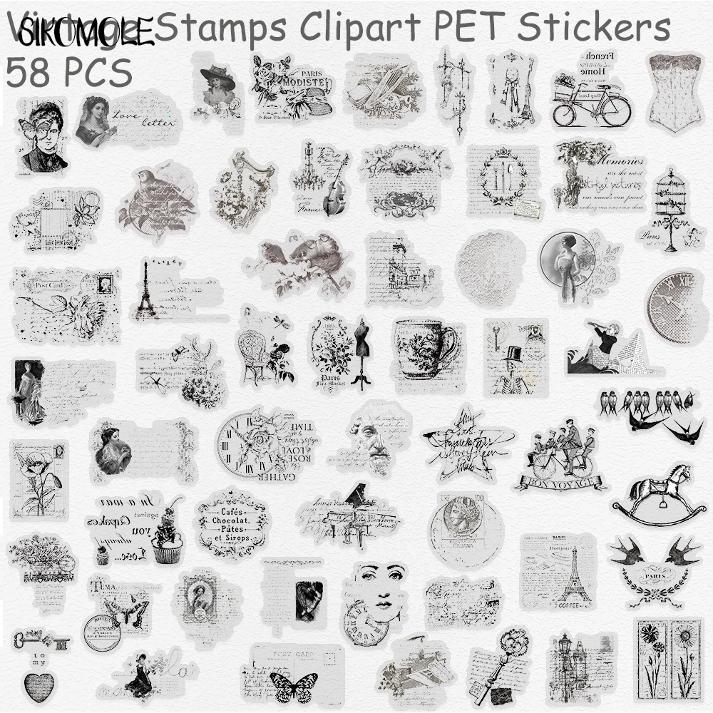 58PCS Vintage Stamps Clipart Stickers PET Transparent Decals Toy Stationery Guitar Phone Bicycle Laptop Luggage Graffiti Sticker
