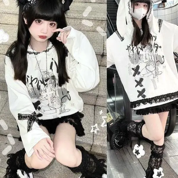 Subcultura japonesa Harajuku Manga dulce chica guay Y2k Tops sueltos Casual Orejas de conejo Anime Sudadera con capucha mujeres otoño