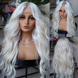 Platinum Blonde Lace Front Wig Body Wave Human Hair Blended Wigs For Women Rooted HD Lace Wigs Heat Friendly Synthetic Fiber