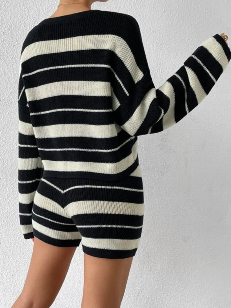 ByeMyLove Black White Stripe Shorts Sets Women Long Sleeve Pullover And Mini Shorts Stripe Outfits Autumn New Knit Sweater Sets