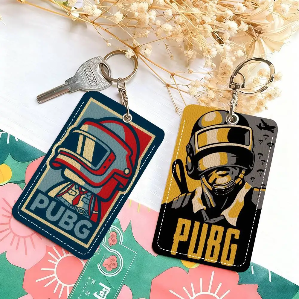 

Fashion Leather Card Keychain ID Bus Door Card Case Perfect Adult Birthday Gift Video games P-PUBG cool Anime