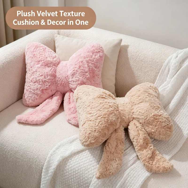 Kawaii Sweet Bow Plush Pillow, Fluffy Curly Texture Cushion, Aesthetic Decor For Sofa, Bed And Bedroom