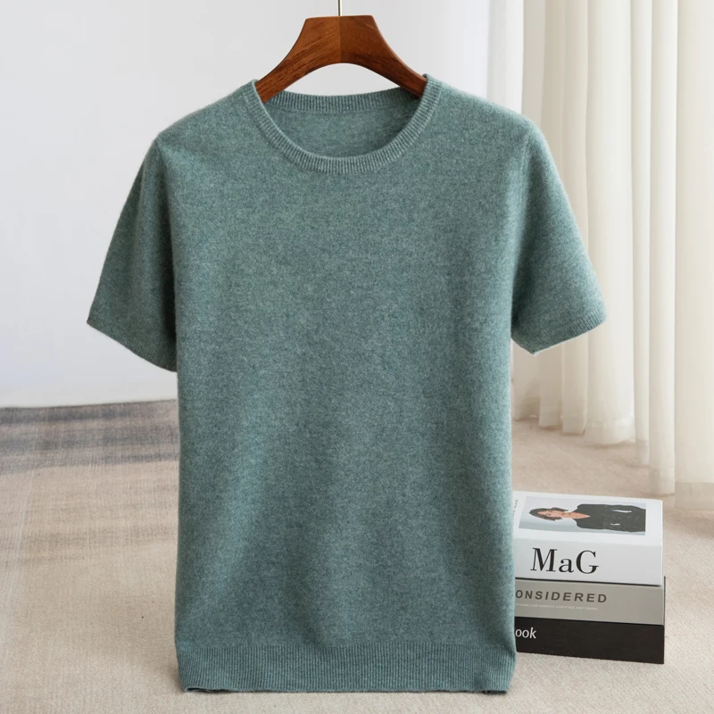 

Fall/Winter New Sweater Wool Knitted Short Sleeve Men's New Loose T-shirt Half Sleeve Sweater with Solid Color Base