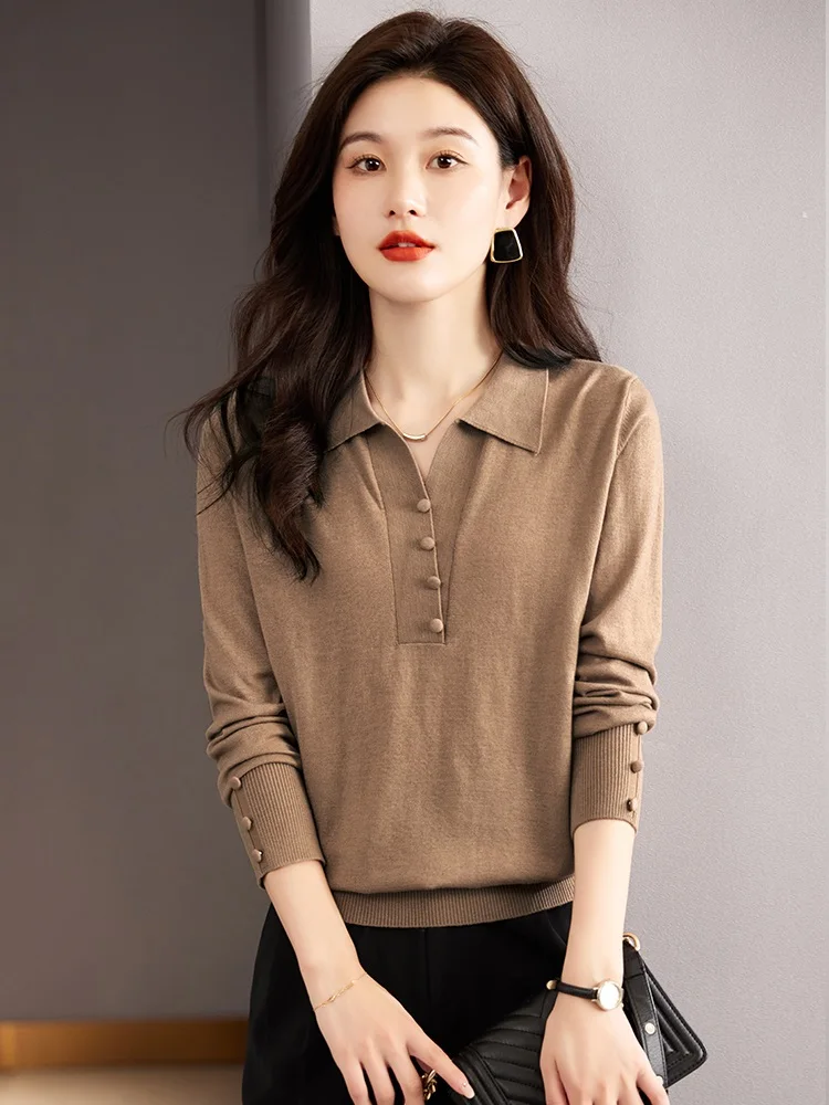 TuangBiang Spring Elegant 2023 Button Decorate Spliced Polo Collar Pullover Autumn Sweater Korean Women Fashion Knitted Pink Top