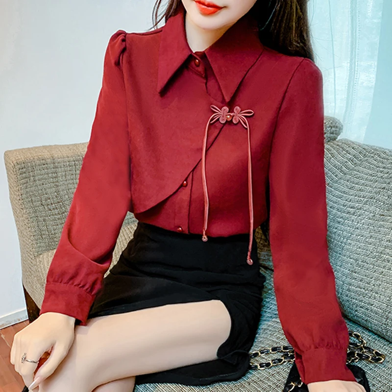 New Chinese women\'s clothingChinese style shir autumn andwinterthickened red shirt 2024 new design button up beautiful top