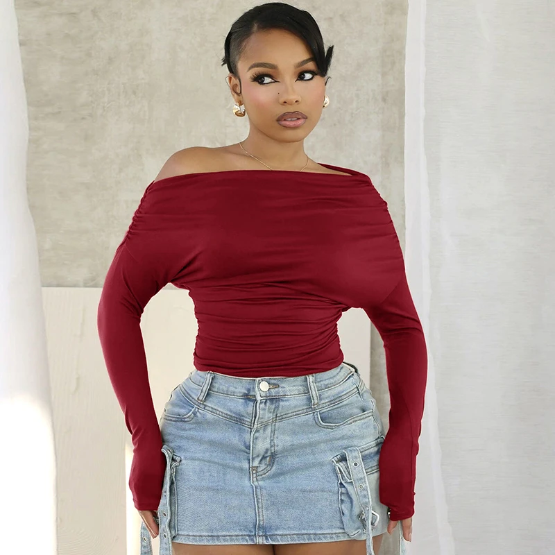 

Women's t-shirt autumn 2024 Pleated Off shoulder Long sleeve top Youth blouses ladies fashion elegant solid Aesthetic pulovers