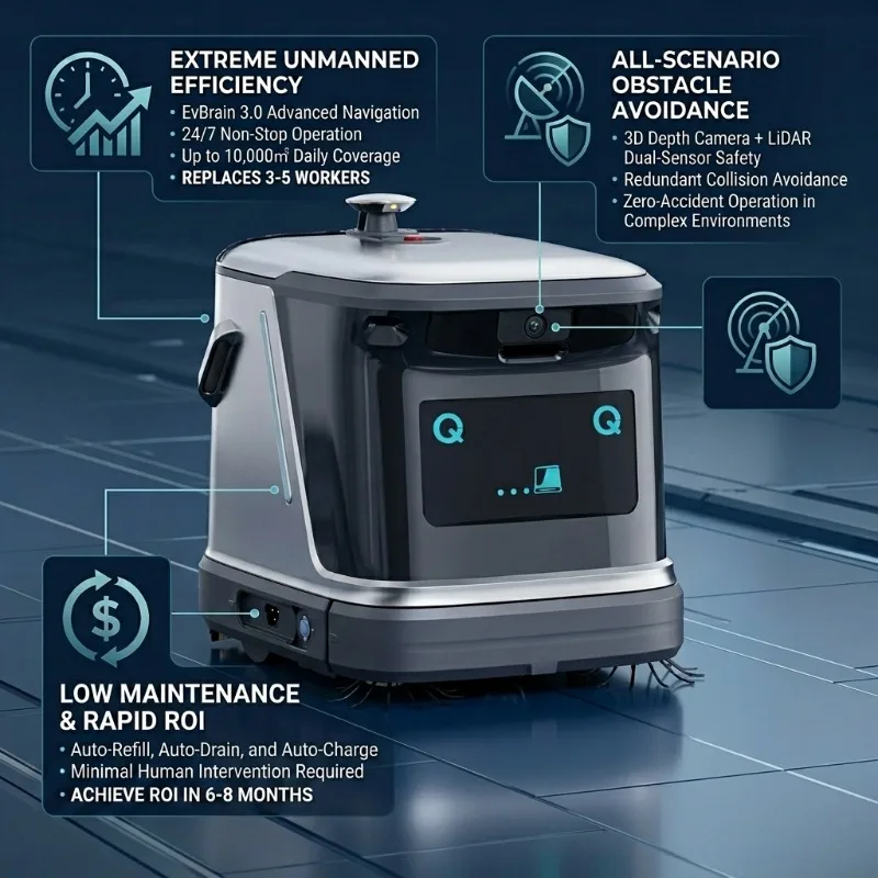Industrial Floor Cleaning Robot, Mopping, LiDAR Navigation, Application Control, Scrub Function 5000 sq. ft. IP6X Commercia