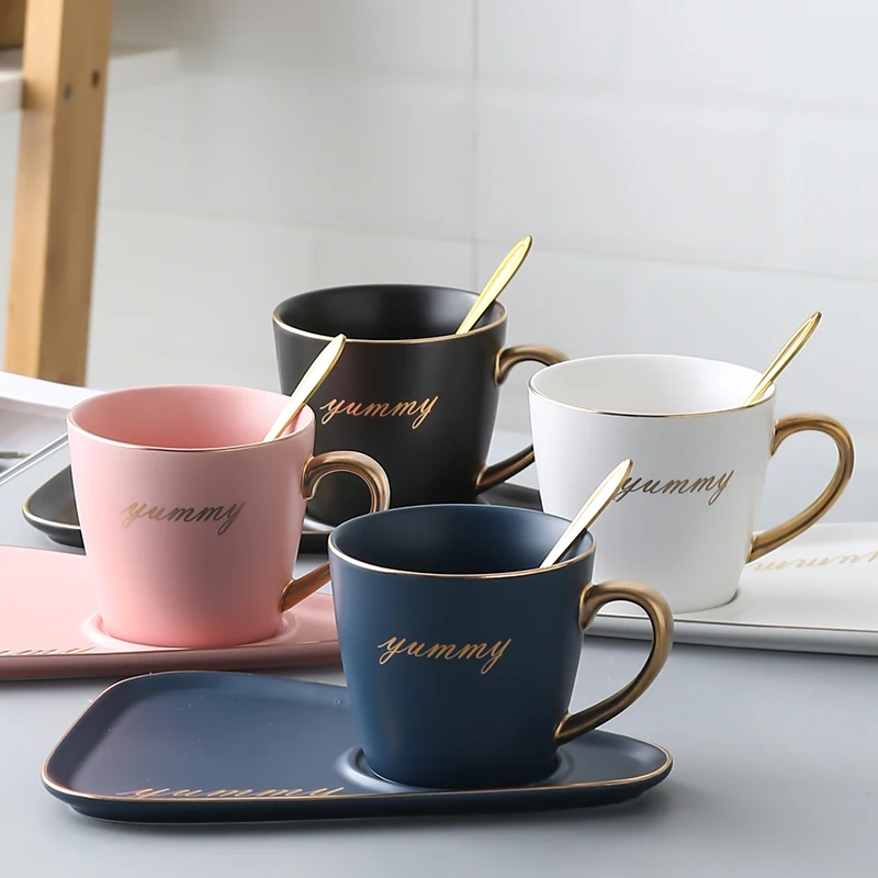 Ceramic Coffee Cups Saucer Spoon Set Dessert Plate Golden Rim Milk Tea Mug Home Porcelain Cafe Cup Birthday Couples Gift