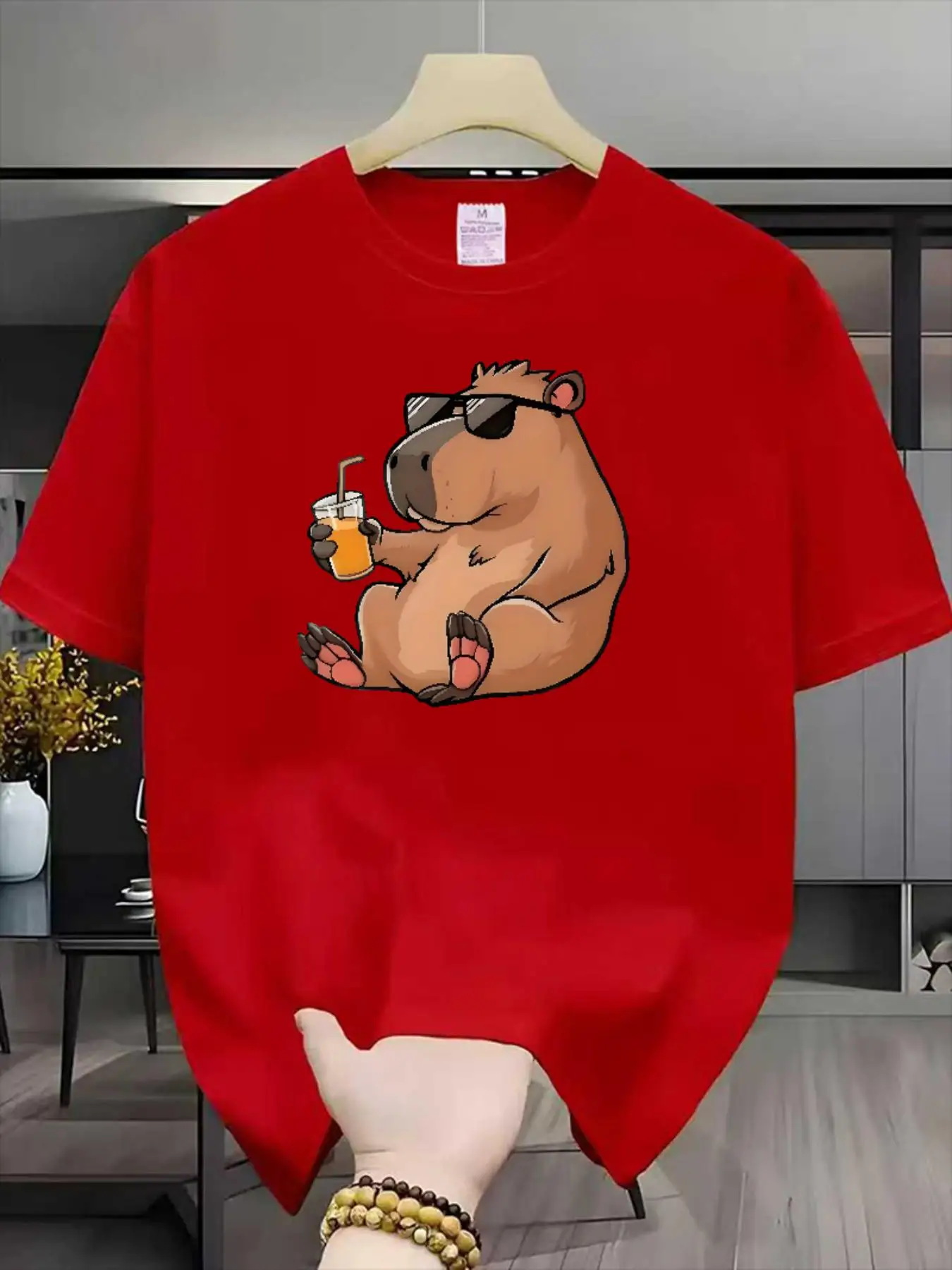 

Cool Capybara Drinking Juice Graphic T-Shirt Casual Round Neck Short Sleeve Cotton Tee for Men