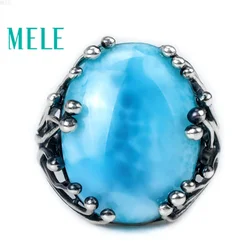 Natural Larimar 925 silver rings for women blue man rings fine jewelry Opening ring design gem oval