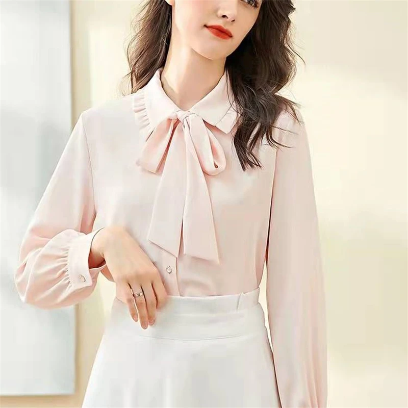 Solid Plus Size Loose Butterfly Sleeve Bow Office Button Chiffon Fashion Woman Blouses Top Vintage Ruffles Shirts Korean Style