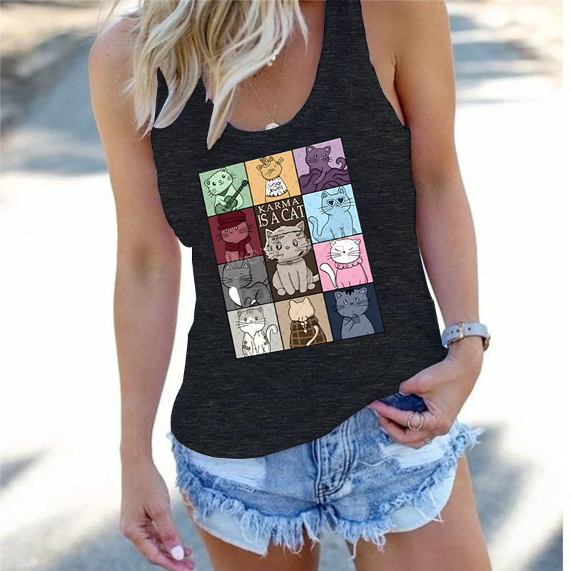 Karma Is A Cat Tank Top Women Midnights Cats Racerback Tanks Cute Animal Lover Gift Summer Outfit Cat Owner Gift Fashion Tops