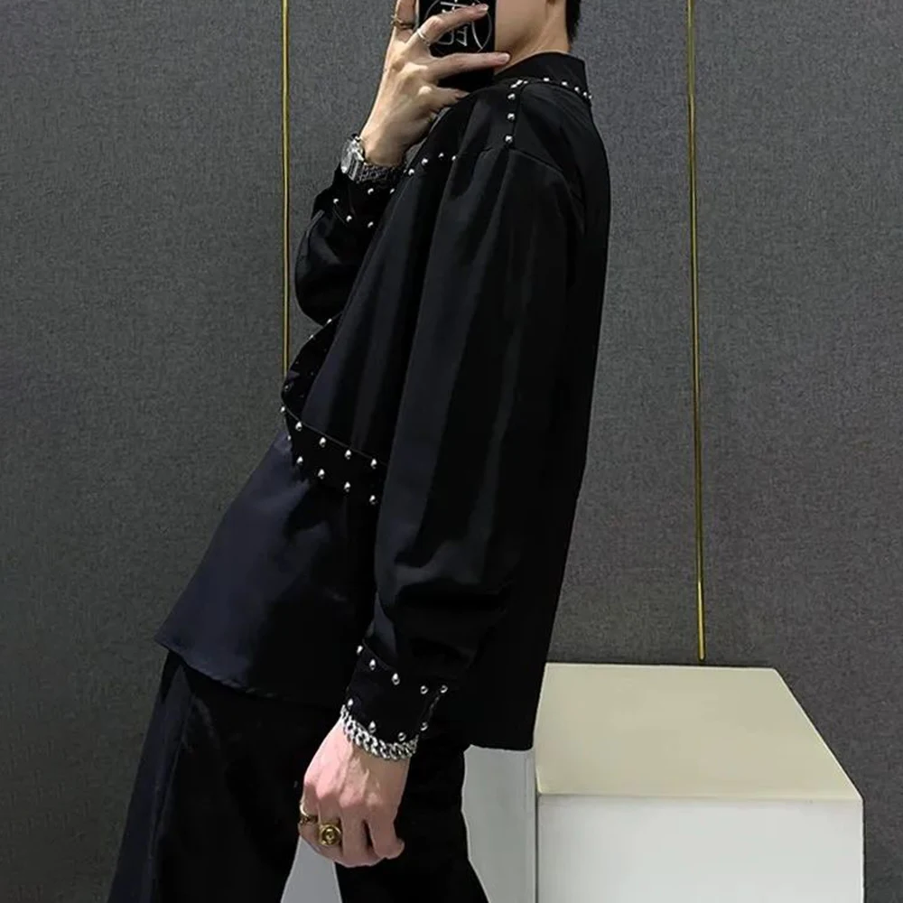 

Mens Ribbons Rivets Shirts Autumn Streetwear Fashion Trends Campus Performances Casual Long-Sleeve Tops Men'S Clothing 2024