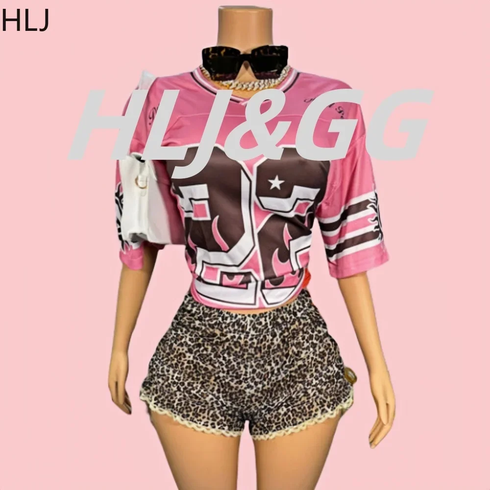 

HLJ Pink Fashion Y2K Letter Print Basketball Tshirts Two Piece Sets Women V Neck Loose Top And Leopard Ruched Shorts Outfit 2025