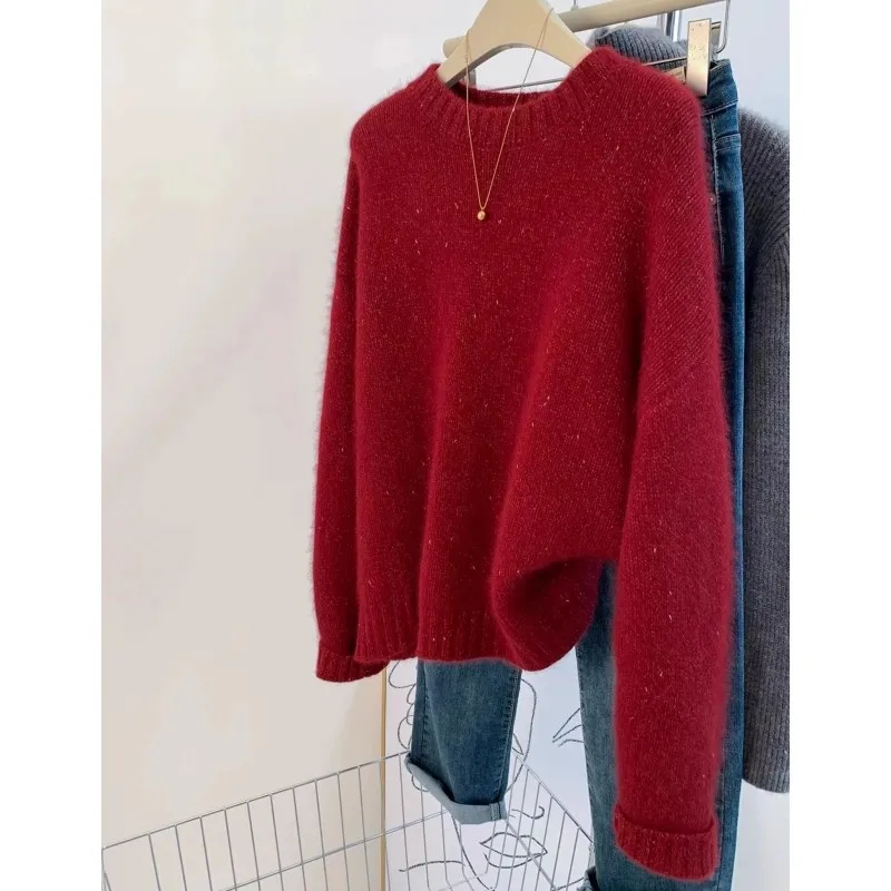 New Year's red sequined stylish round-neck wool knitted sweater women loose and thick sweater top autumn and winter