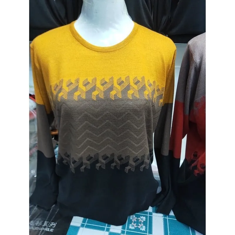 

Новый весенний женский тонкий вязаный свитер, длинный свек, круглая полосатая лоскутная одежда для мам, повседневный удобный топ