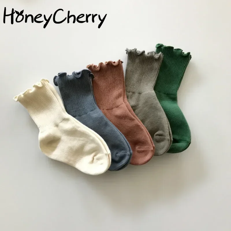 HoneyCherry Solid Color Double Needle Socks Girls Cotton Loose Socks Newborn Socks