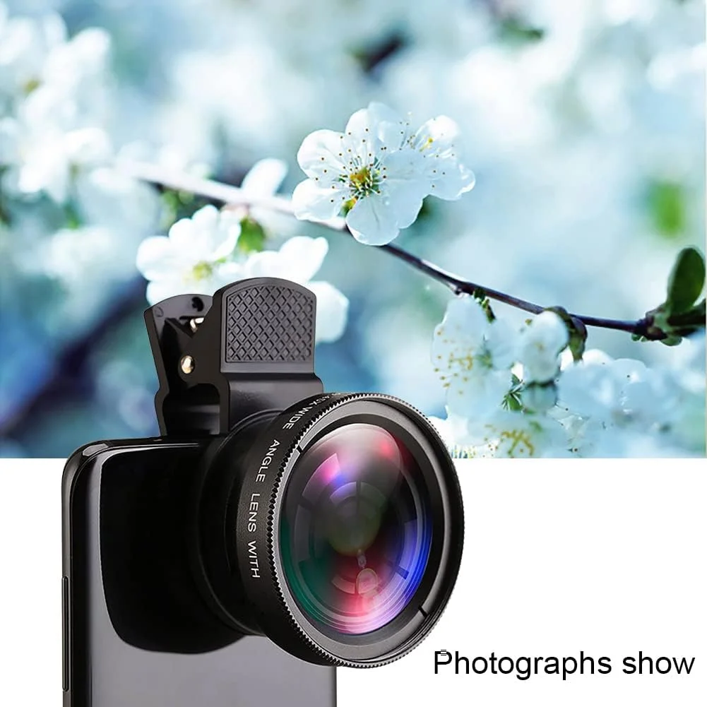Kutou Lente de cámara de teléfono 0.45X Lente súper gran angular 15X Macro Clip-On 2 en 1 Profesional para iPhone Kit para Vlog