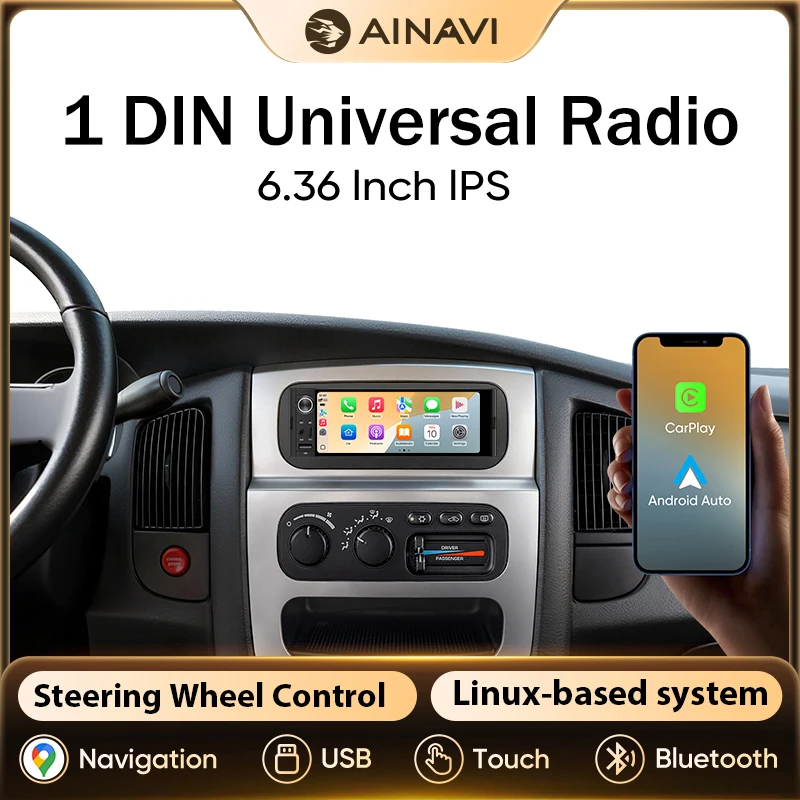 AINAVI Reproductor Multimedia para Auto 1Din de 6.36 Pulgadas con Pantalla Táctil, Carplay Inalámbrico, Android Auto, Bluetooth, MP5, Estéreo, Carga USB, Radio, Video, Pantalla Coche, Autoradio, Radio Samochodowe, Car Play, Auto Inalámbrico, Apple K40