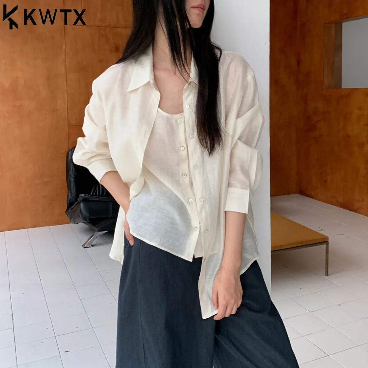 

KWTX комплект из двух предметов, женская текстурированная рубашка, жилет, однобортный лоскутный облегающий комплект, шикарный, элегантный, повседневный, комфортный, весна-лето 2025