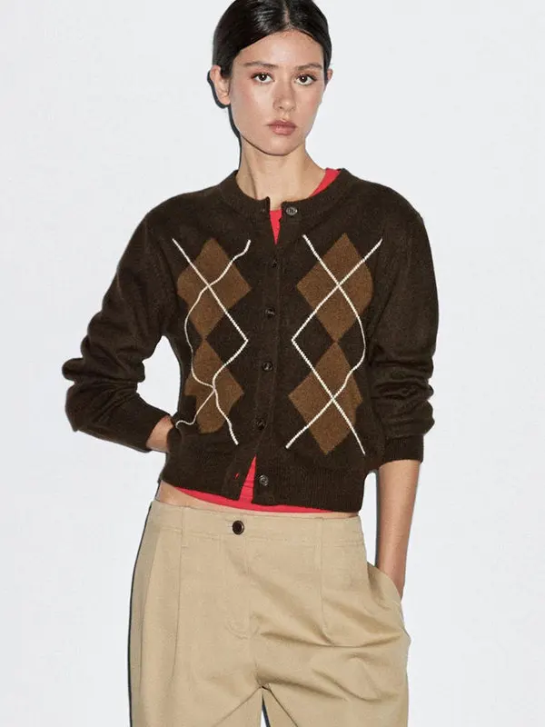 Retro de malha longo sve redondo ne aberto frente casaco para mulheres outono faculdade sle xadrez outerwear senhoras faion malhas