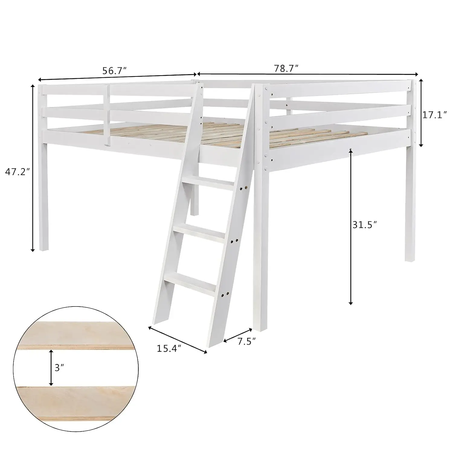 Low Loft Bed Full Size with Inclined Stairs, Junior Loft Bed with High Guard Rail /Young Teens/Adults,, Customized