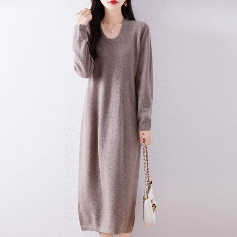 2024 Autumn And Winter New Pure wool U-Neck Knitted Dress Female Solid Color Loose High Waist Long A-line Skirt